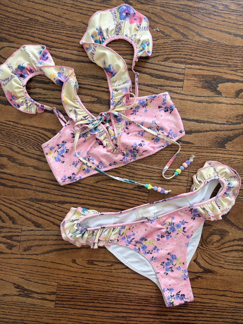 LoveShackFancy Floral Bikini Pink Blue Yellow Size XS